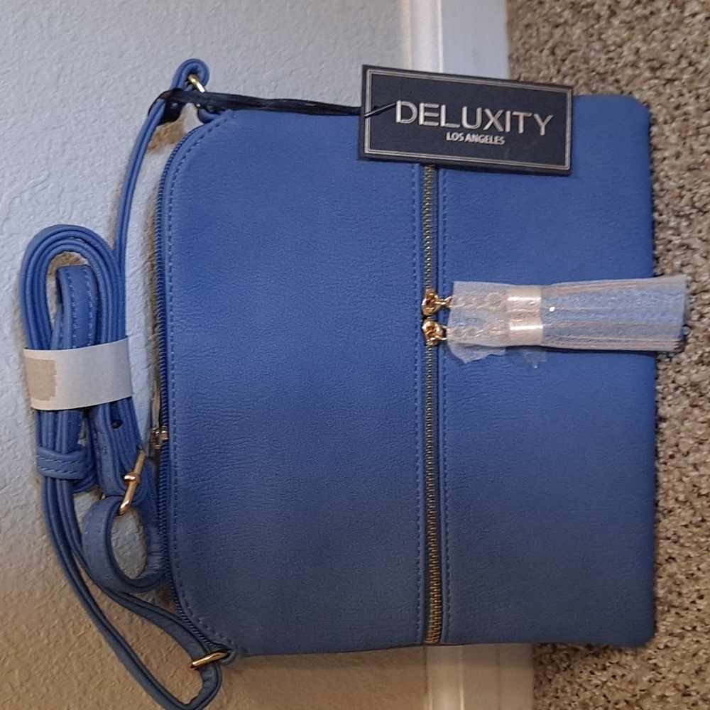 NWT Deluxity Los Angeles Blue Crossbody Bag with Gold Color Hardware and Tassels
